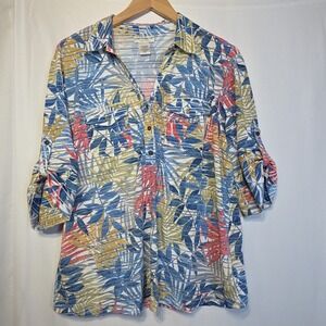 Rebecca Malone XL Tropical Leaf Print Button Front Blouse Roll Tab Sleeves